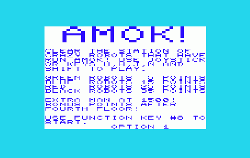 Amok title screen for Vic-20